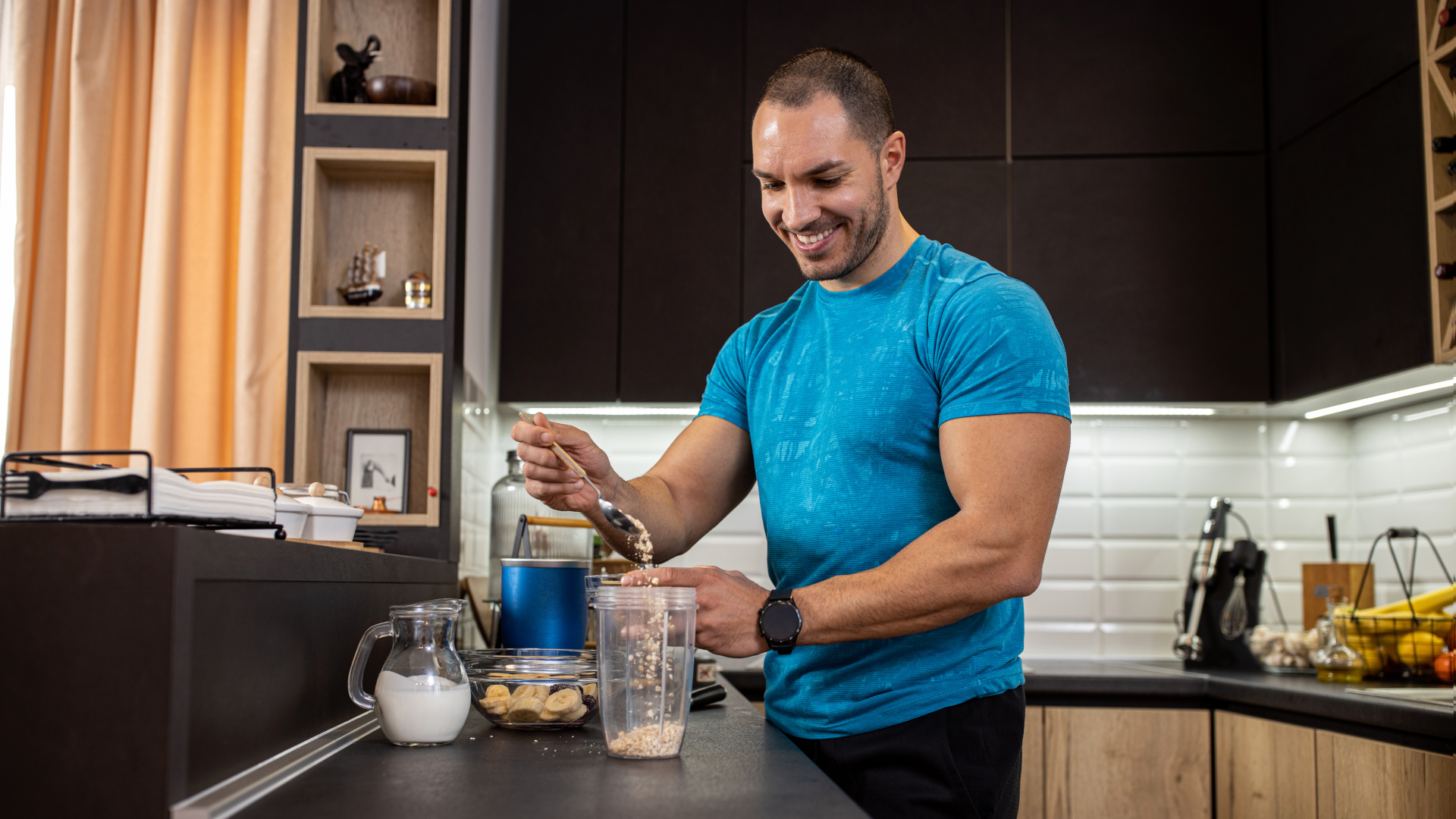 Man making mass gainer shake recipe